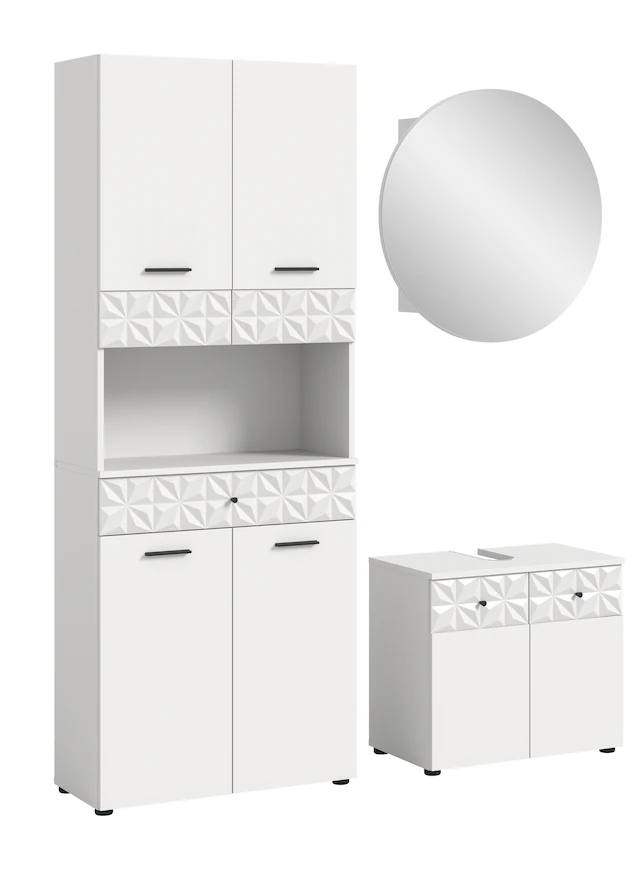 INOSIGN Badezimmer-Set »VICENZA, TOPSELLER!, Breite 145cm, 3-teilig, mit Ornamentabsetzung« best. aus: Hochschrank, Waschbeckenunterschrank und Spiegelschrank,
