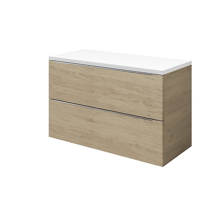 Ensemble l.100 cm meuble sous vasque Imandra marron à suspendre + plan de toilette Marloes aggloméré blanc brillant