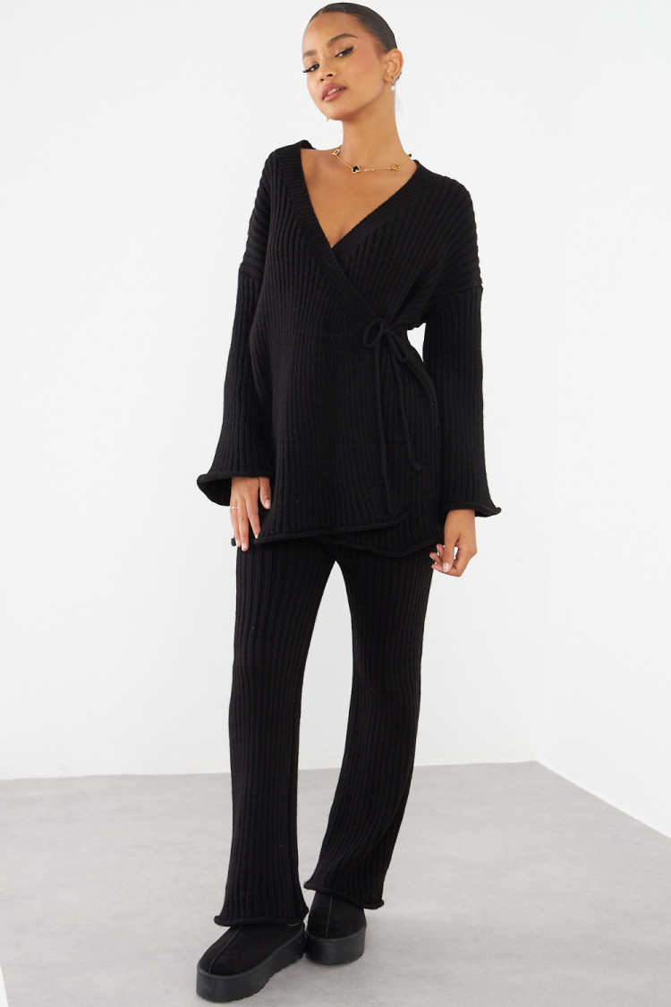 Ensemble 2 pièces gilet croisé + pantalon noir en maille