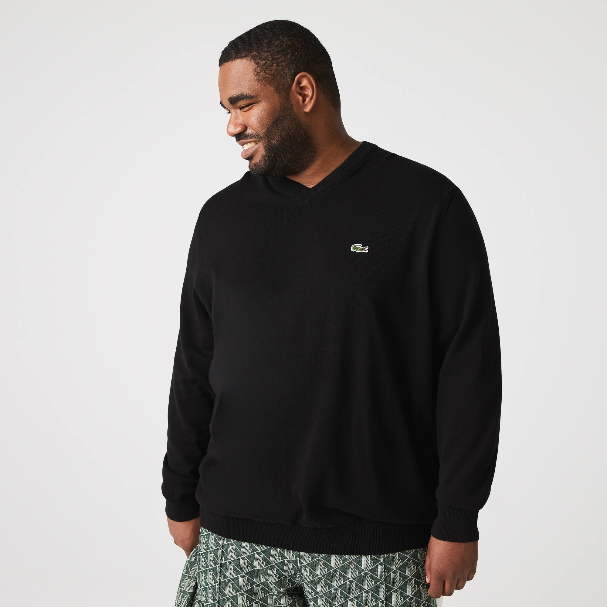 Pull à col V en coton biologique uni Pullovers - Noir - Lacoste - Homme