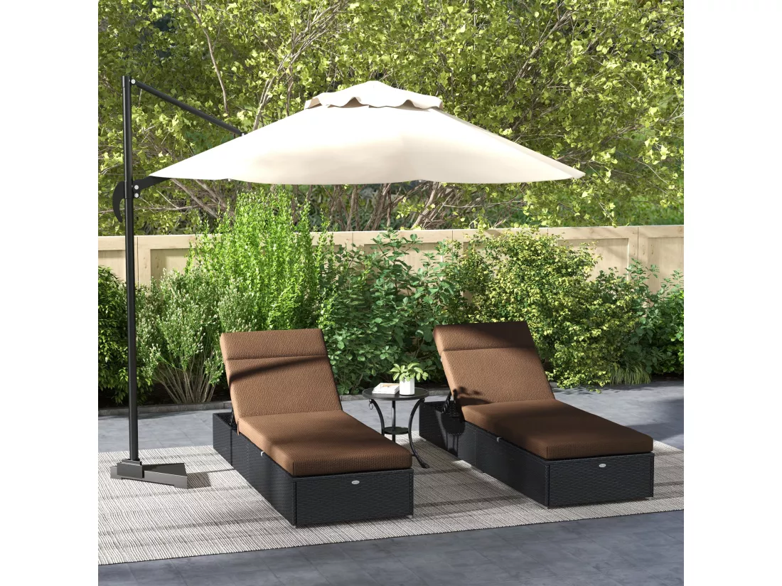 Lot de 2 matelas pour bain de soleil transat - cordons et velcros d'attache - dim. 196L x 55l cm ép. 8 cm - polyester déperlant marron