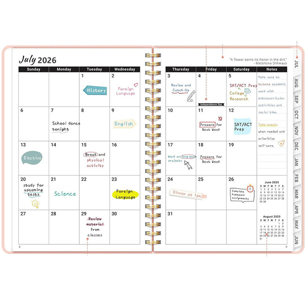 (1W/1S) 21x16cm Hard Cover Wochen- und Monatsplaner Schüleragenda Zeitplanungssystem Spiral Wochenkalender 2025-2026 - Lila