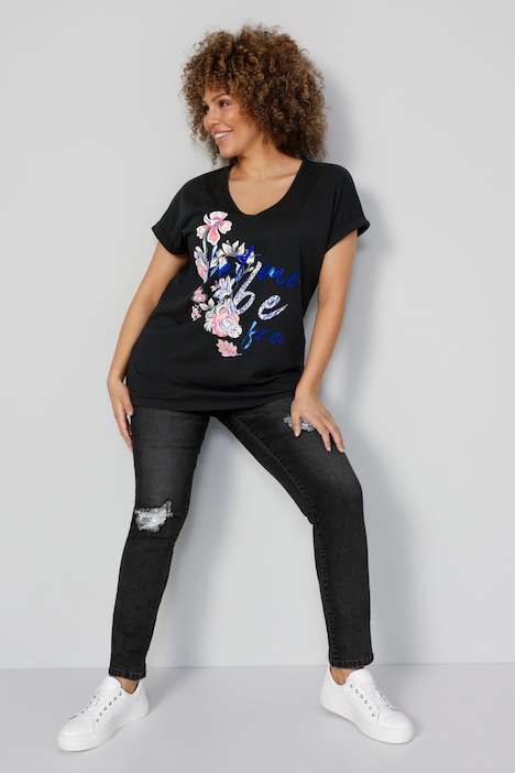 T-Shirt, oversized, Blumendruck, V-Ausschnitt