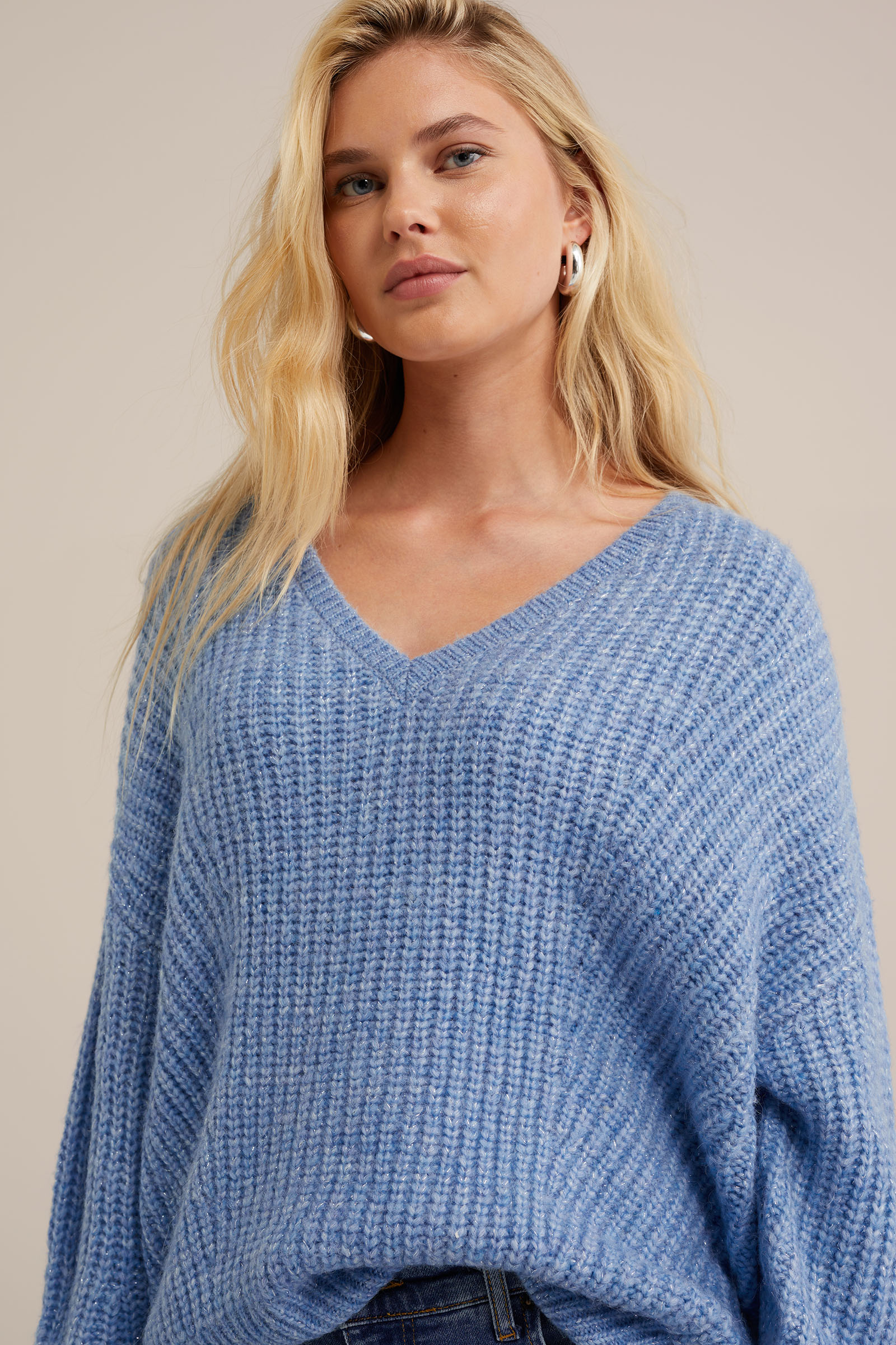 kabelgebreide trui met glittergaren WE Fashion Lichtblauw