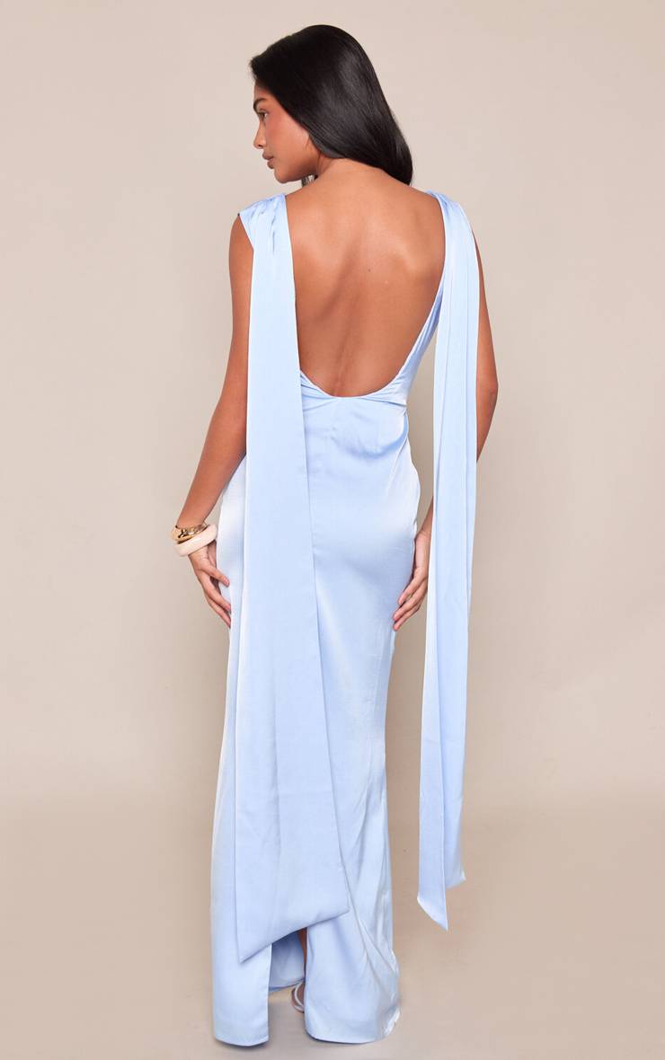 Bleu Layette Robe Longue Dos Nu Drapée En Satin Sans Manches