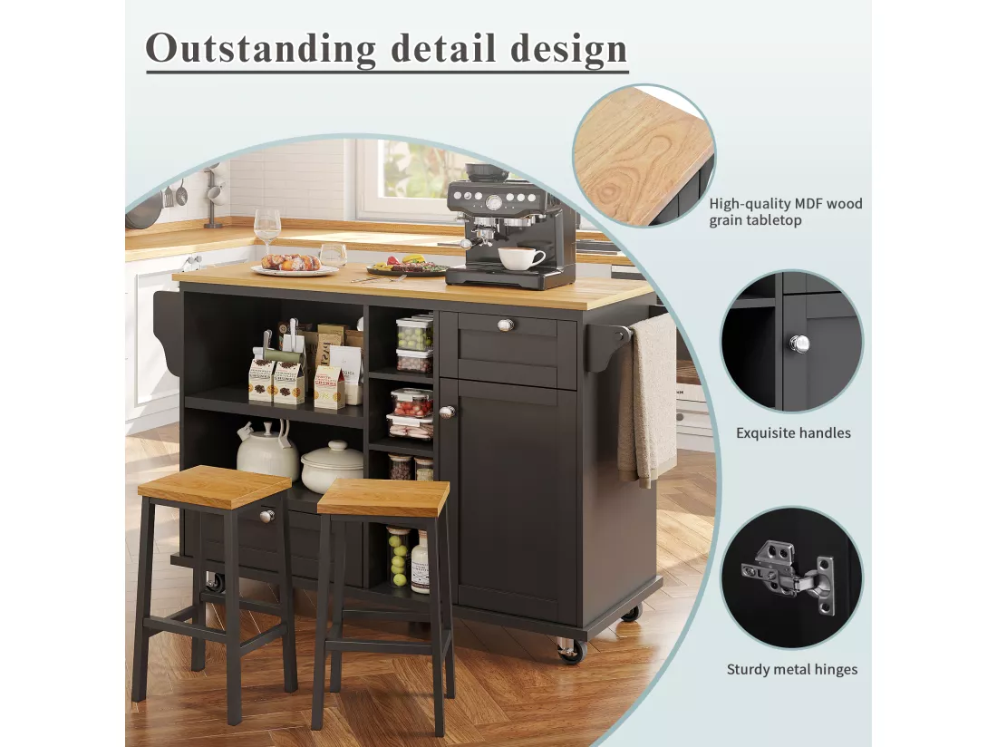 Ilot central de cuisine - 2 tiroirs et 8 compartiments - MDF - Noir
