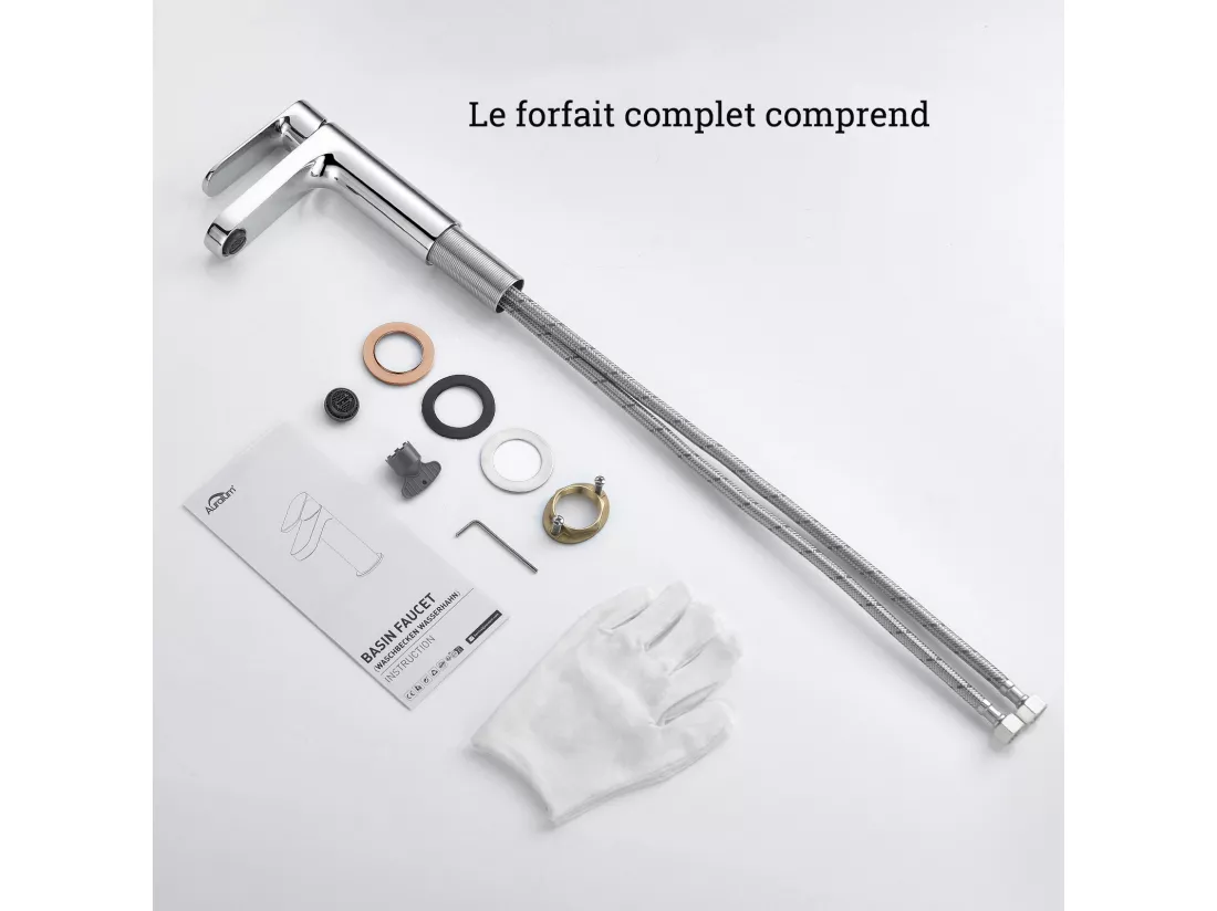 Robinet Salle de Bain Moderne, AuraLum Max Mitigeur pour Lavabo avec Finition or Rose, Laiton Robinet Lavabo avec Bulleur Rechange, Chromé,EU Modèle