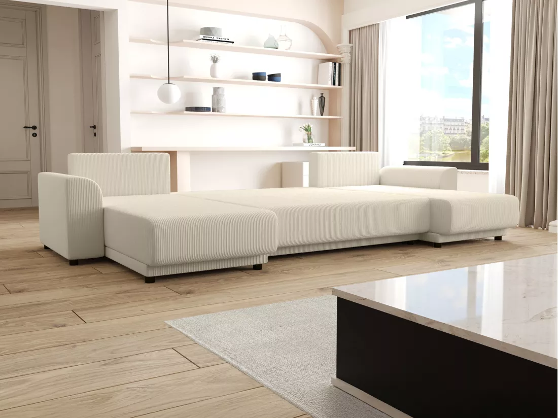 Canapé d'angle panoramique convertible en velours côtelé beige NESSARO