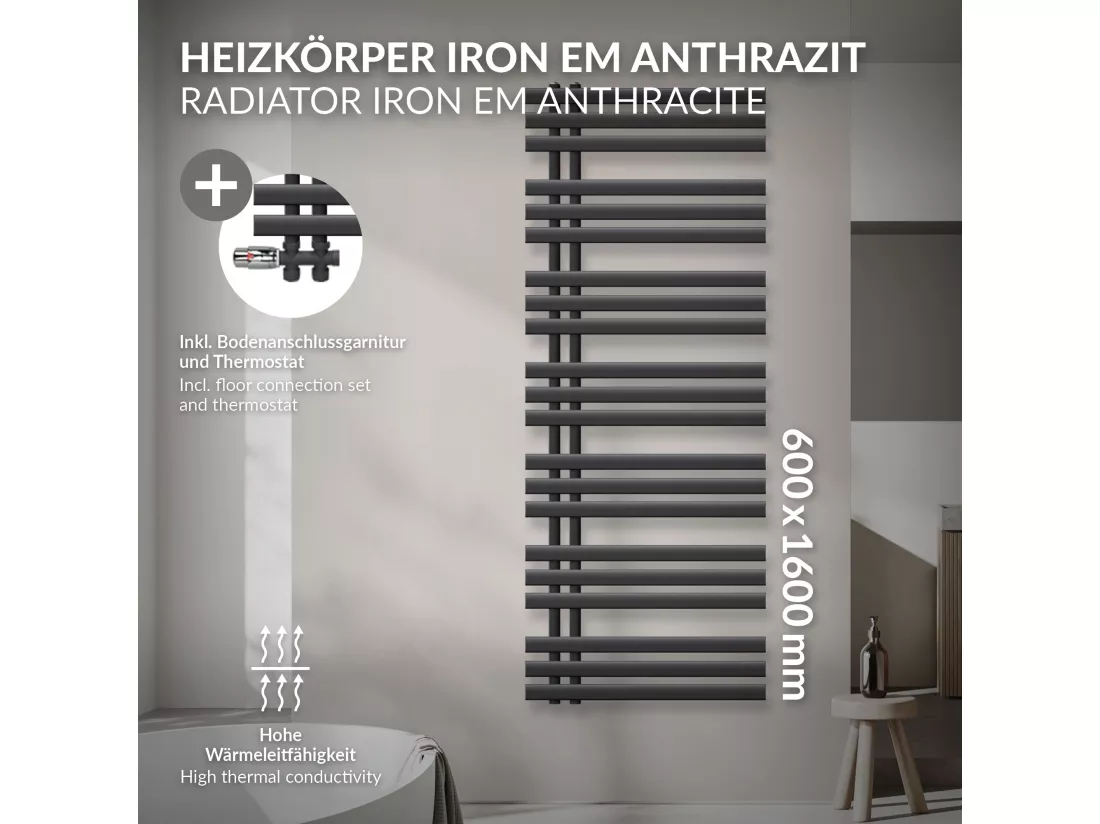 Radiateur salle de bain sèche-serviette anthracite raccordement au sol 60x160 cm