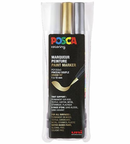 Posca Tuscher m. Penselspids - PCF-350 - 3 stk - Sølv/Guld/Hvid
