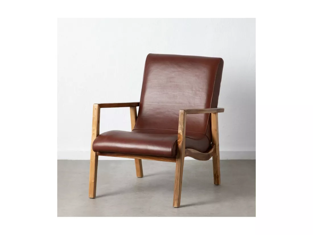 Fauteuil Teck et coussins Cuir Marron - ESSAOUIRA n°3