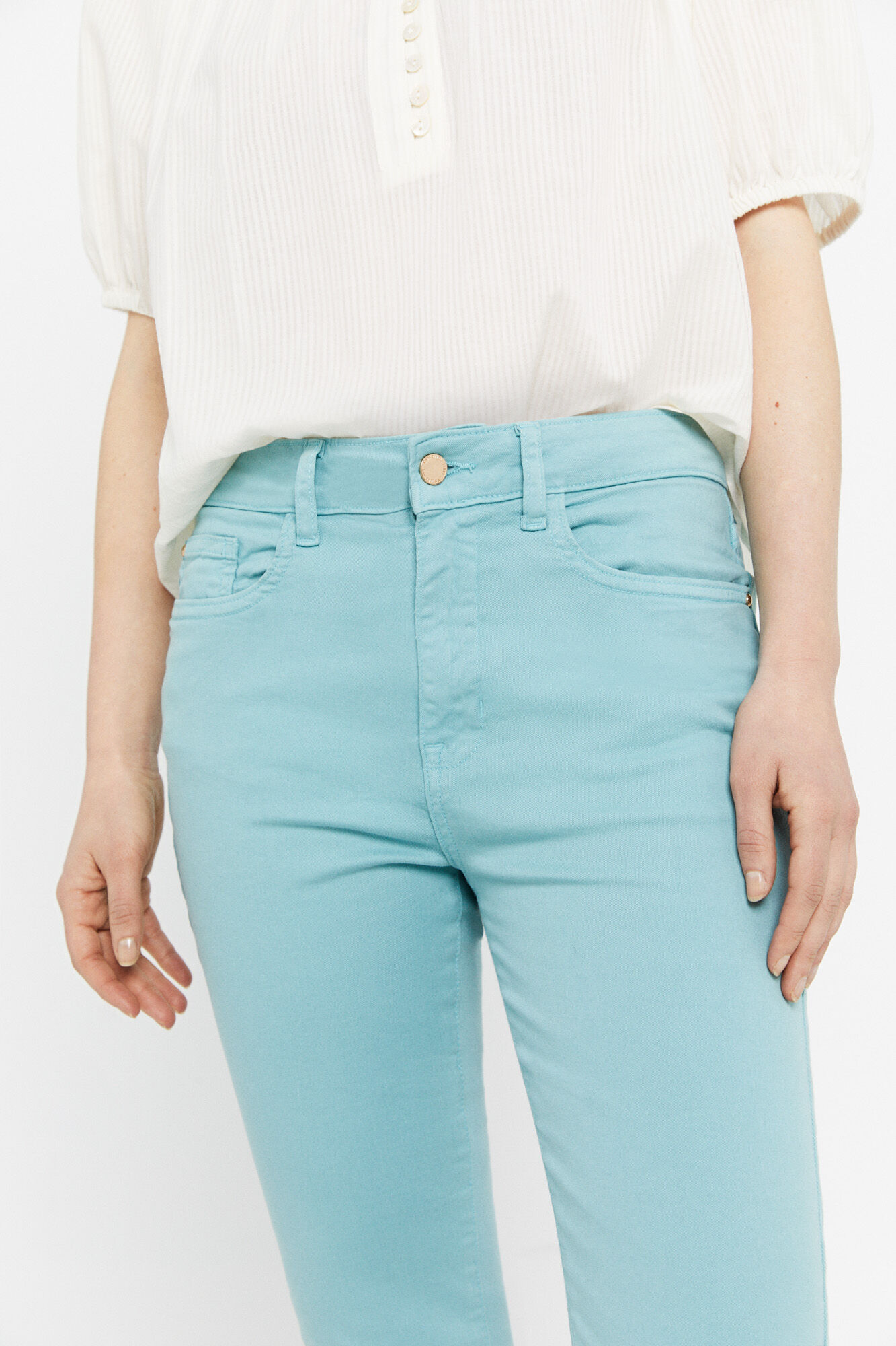 Calça jeans cropped de 5 bolsos - Turquesa