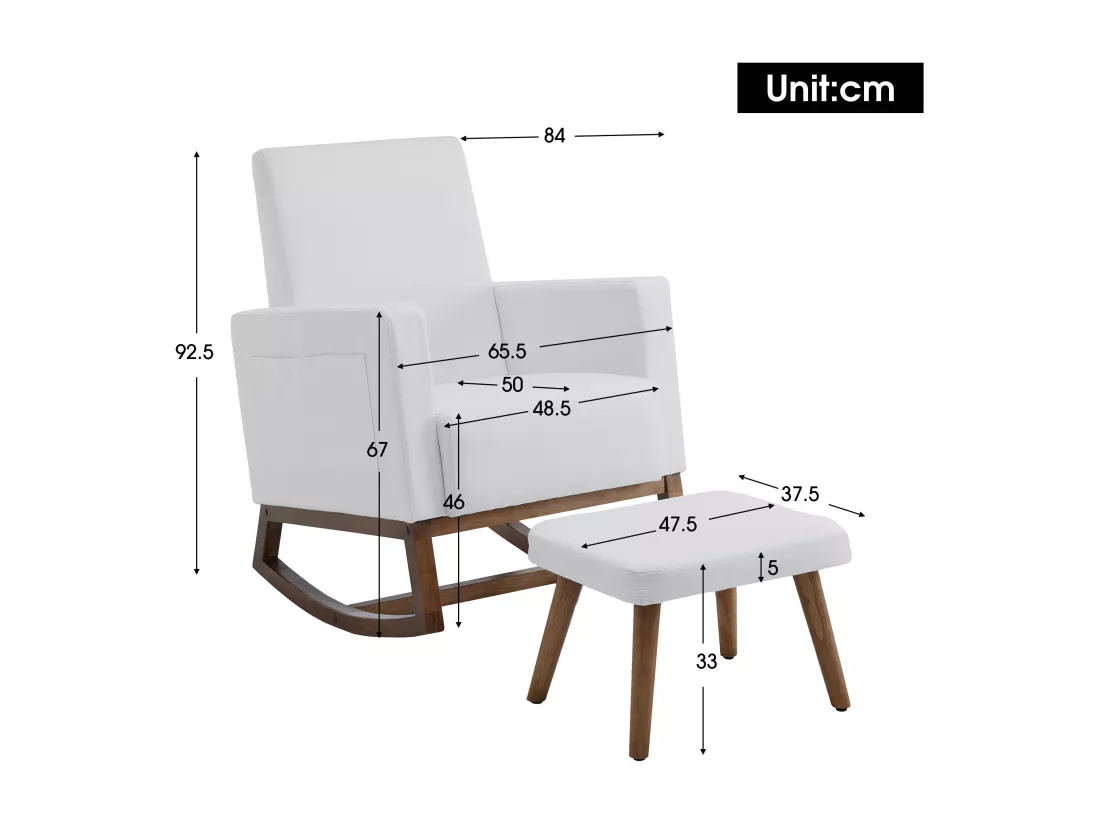 Chaise à bascule avec repose-pieds et poches - 65.5 x 84 x 92 cm - Éponge + fibres de polypropylène - Blanc