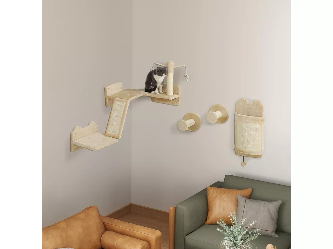Mur d'escalade pour chat - arbre à chat design mural - griffoirs, grattoirs, jeux - sisal naturel peluche beige