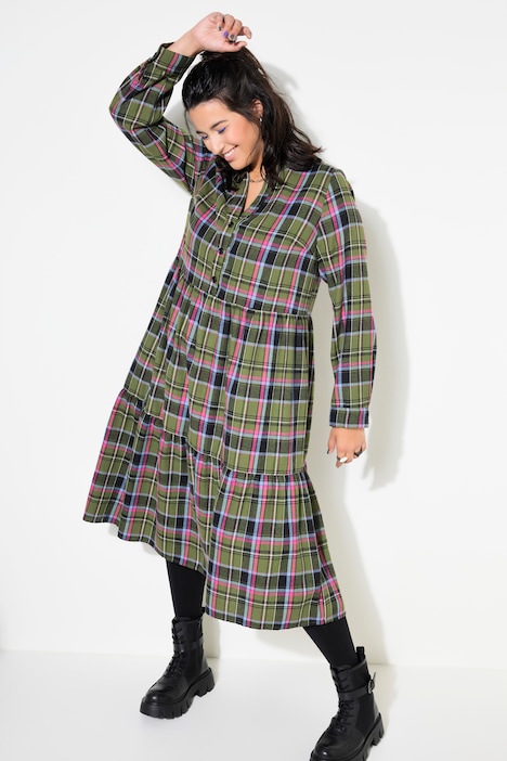 Midi-Flanellkleid, Karo, Tunika-Ausschnitt, Langarm