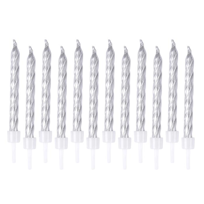 SET 12 BOUGIES METALLIQUES ARGENT AVEC SUPPORT H.6CM
