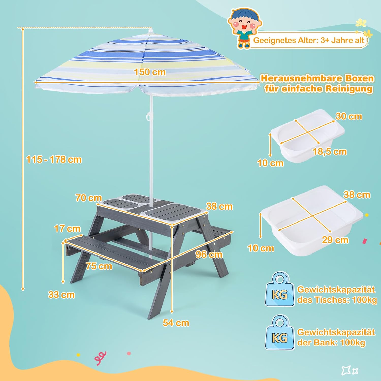 COSTWAY Kindersitzgruppe Outdoor, 2 in 1 Kindersitzgarnitur mit Sonnenschirm und 3 abnehmbaren Behältern für Sand & Wasser, Kinder Picknicktisch, Spieltisch, Gartenmöbel für Garten, Hinterhof