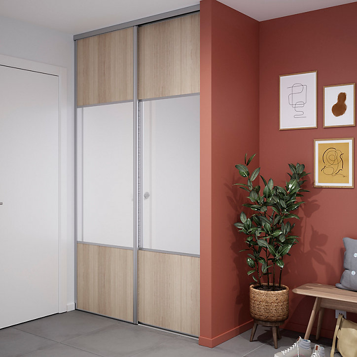 Porte de placard coulissante avec miroir effet chêne clair profil gris GoodHome Arius H. 248,5 x L. 77.2 cm + amortisseurs