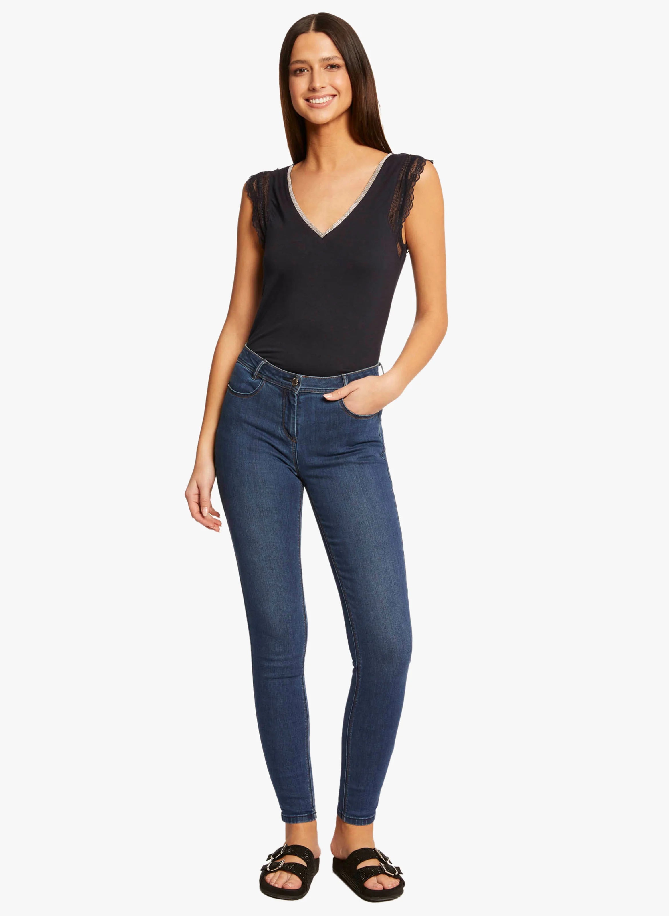 DOCHAN - Tee-shirt col V en dentelle| Bleu