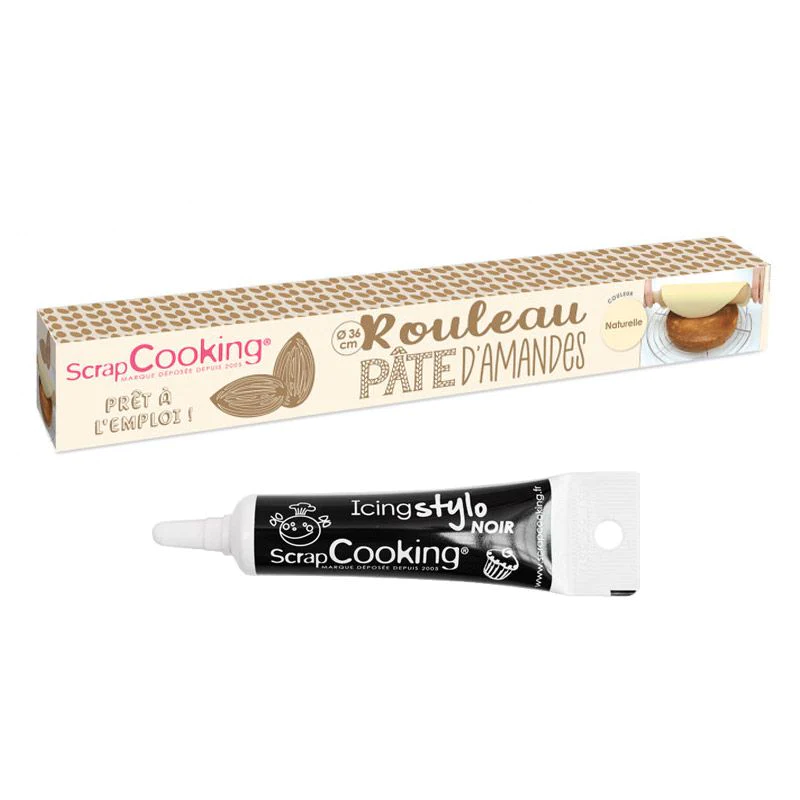 Pâte d'amande en rouleau Naturel 300 g + Stylo de glaçage noir Scrapco