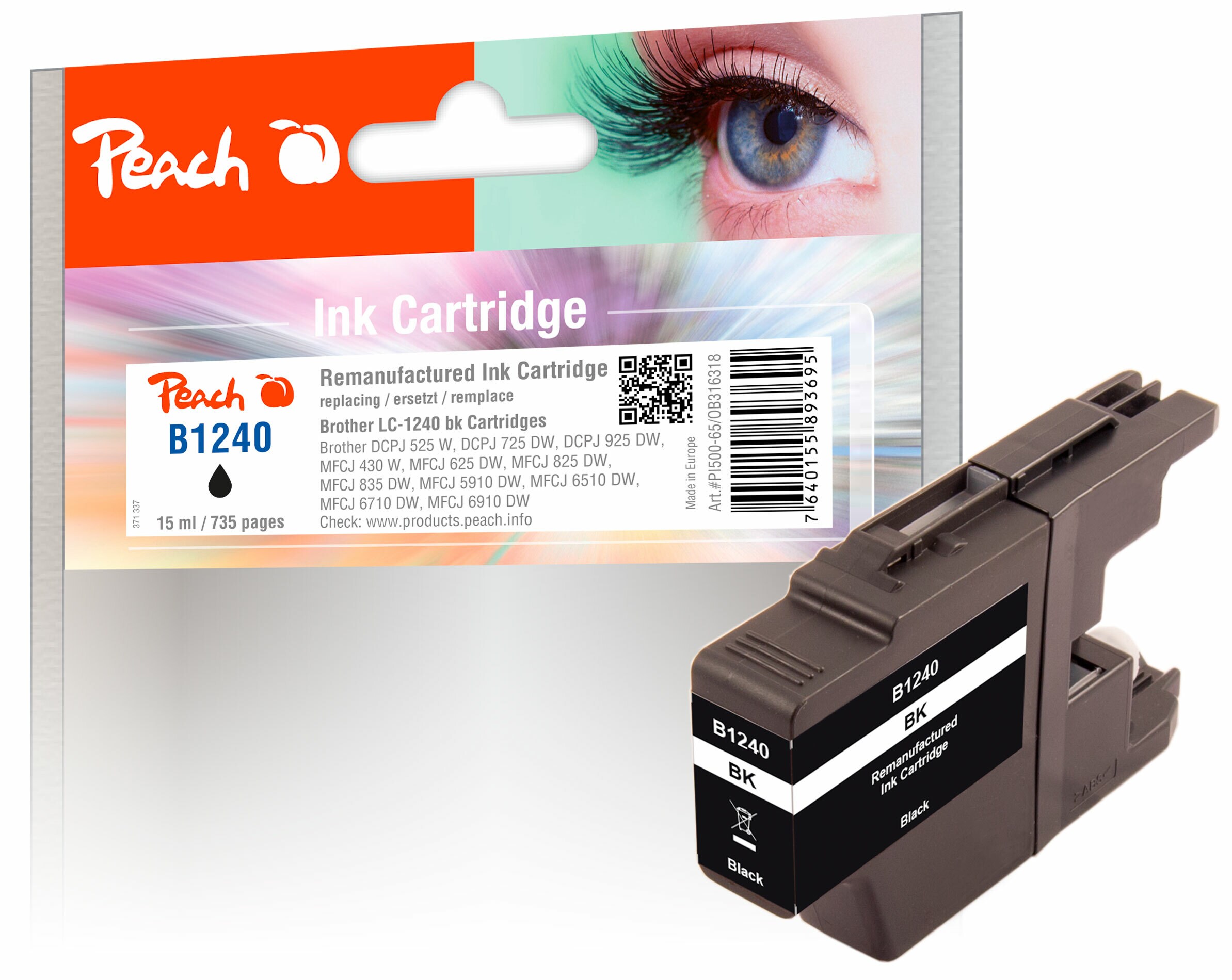 Peach B1240 BK Druckerpatrone XL bk ersetzt Brother LC-1240BK für z.B. Brother DCPJ 725 DW, Brother MFCJ 430 W, Brother MFCJ 6710 DW, Brother MFCJ 430 (wiederaufbereitet)