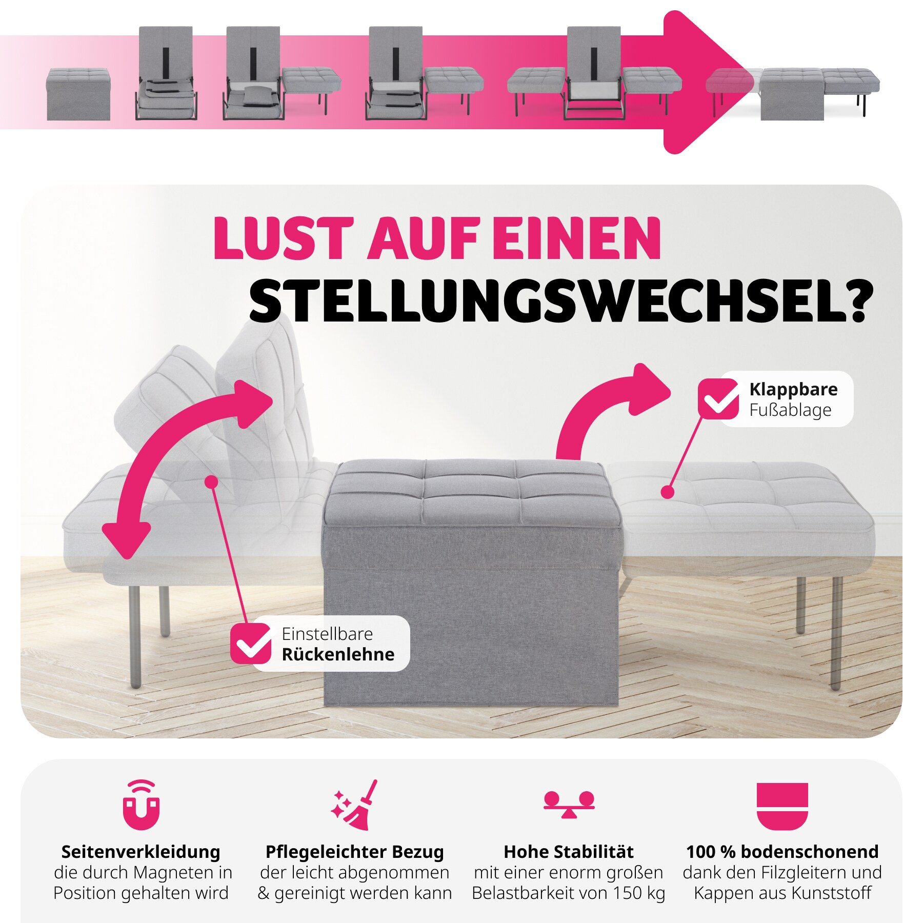 tectake® Schlafhocker, 4 in 1 als Hocker, Sessel, Lounger oder Bett, stabiles Stahlgestell, Belastbarkeit 150 kg