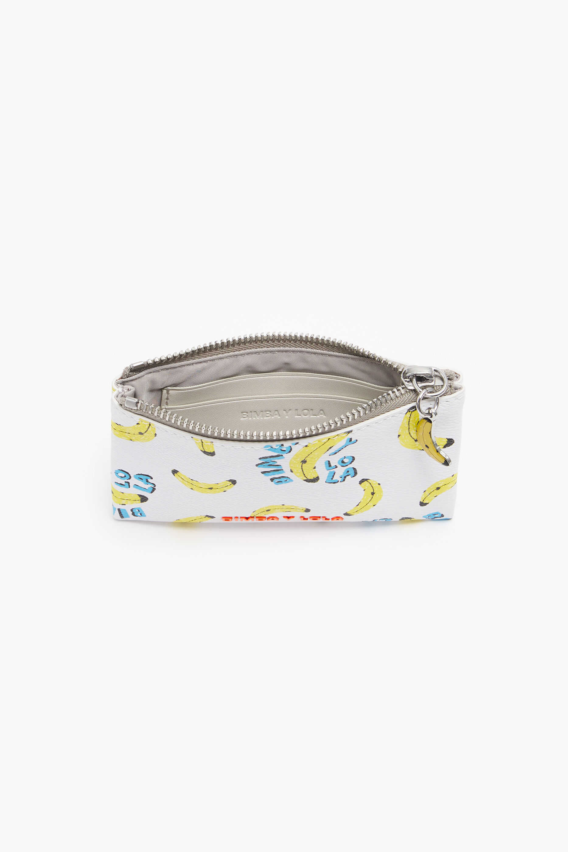 Porta-moedas retangular branco com textura de estampa de banana.
