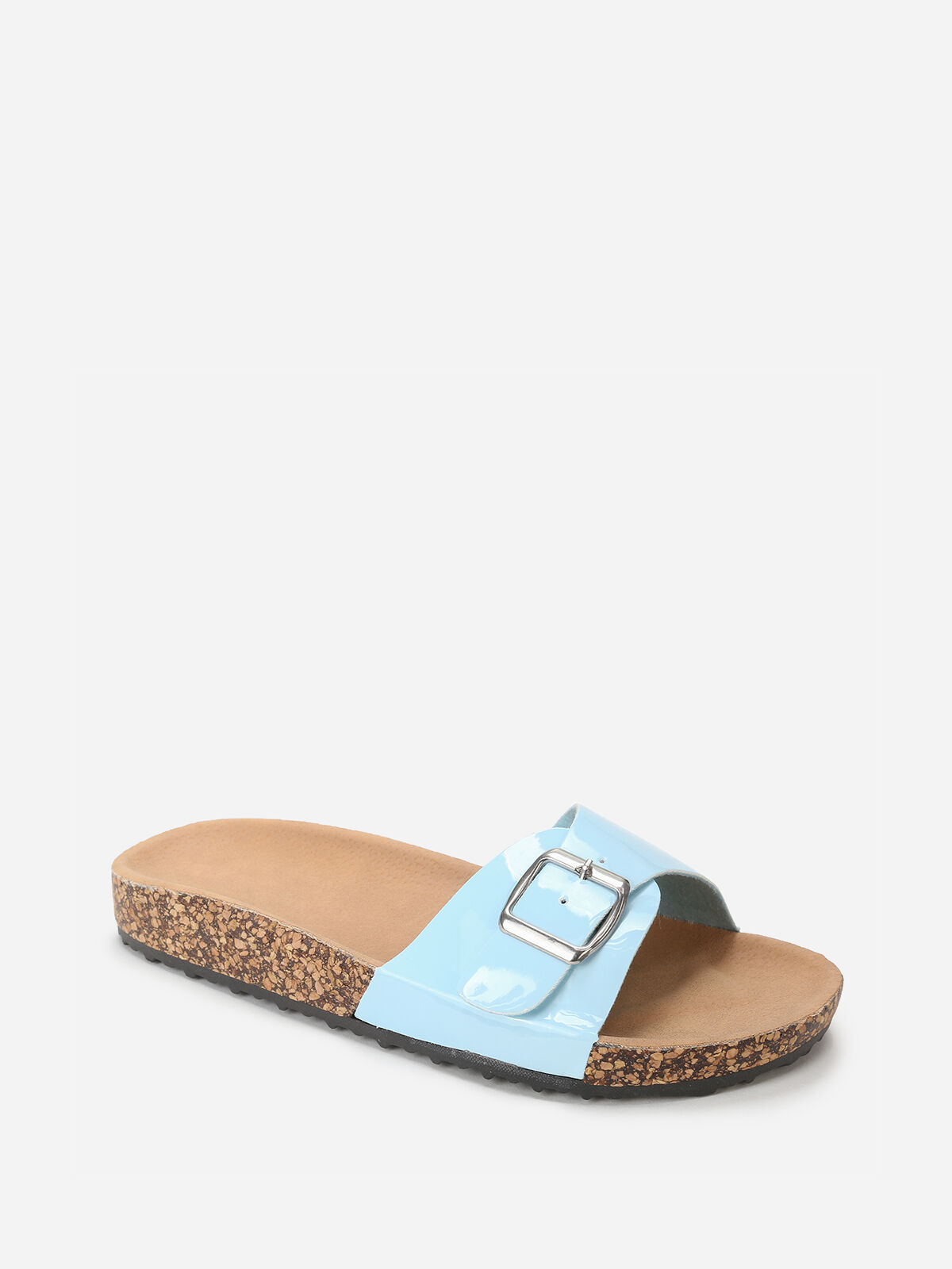 Mules ciel vernies à semelle effet liège- Bleu