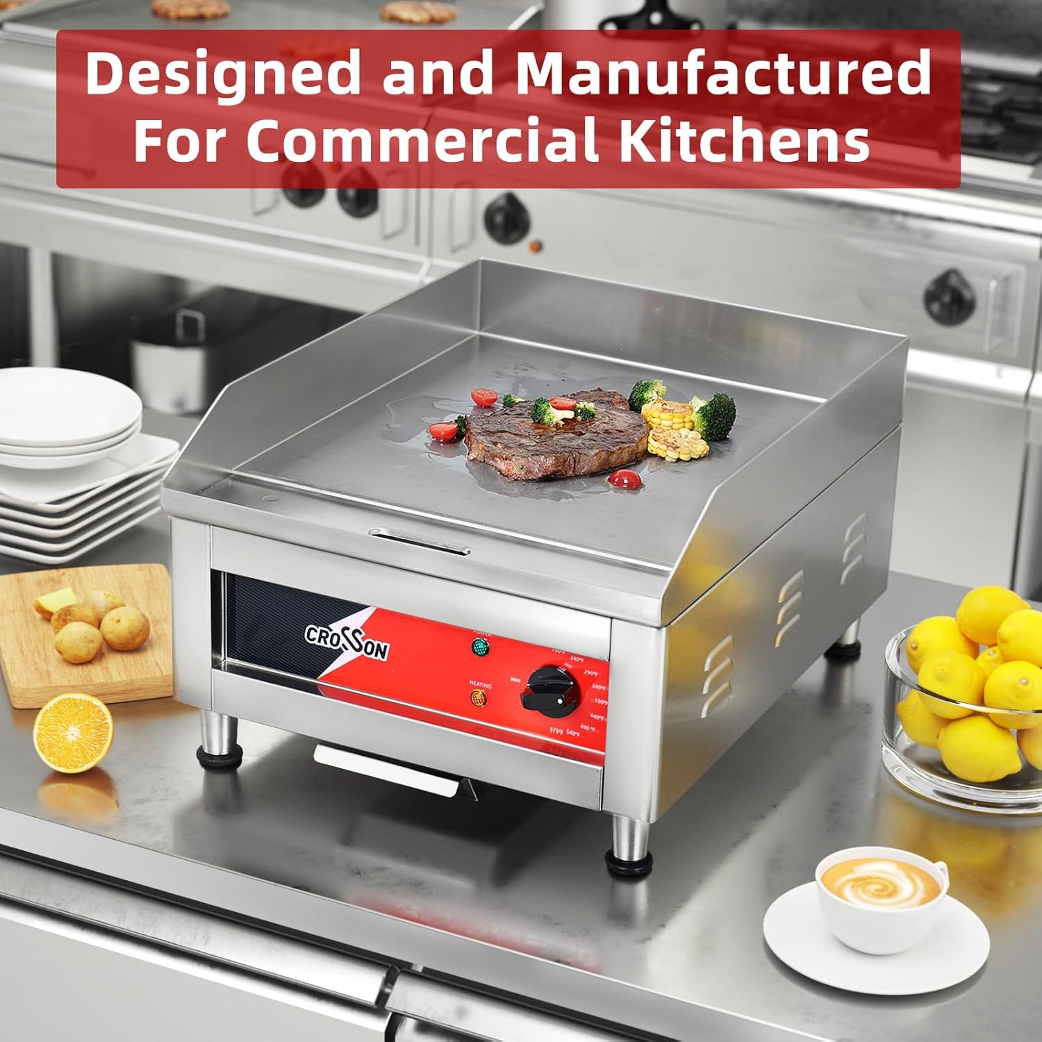 CROSSON 40 * 40CM Kommerzielle elektrische Arbeitsplattengrillplatte, flacher Grill mit antihaftbeschichteter 10 MM dicker Eisenkochplatte für Restaurant und Heimgebrauch -230V/2500W(EG-400C EU)