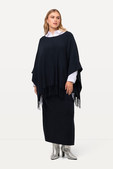 Strickponcho, Oversized, Fransen, U-Boot-Ausschnitt