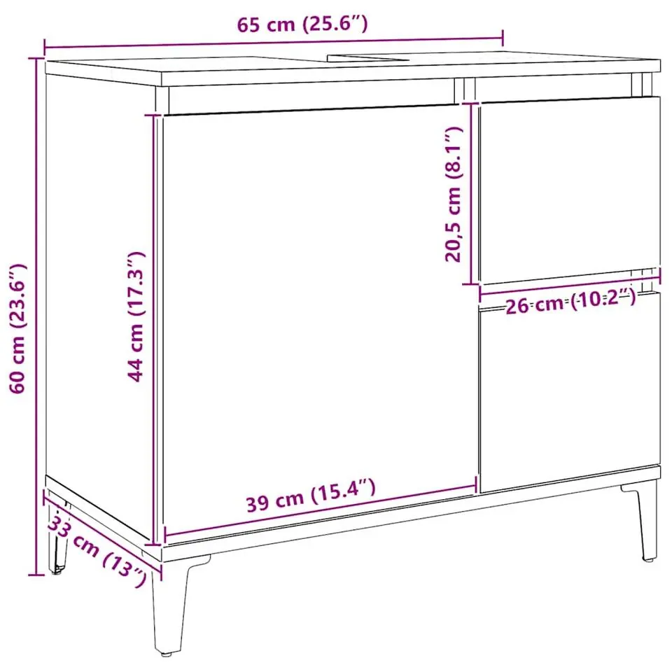 vidaXL - Wastafelonderkast - 1 deur 2 lades - Artisanaal eiken - 65x33x60 cm
