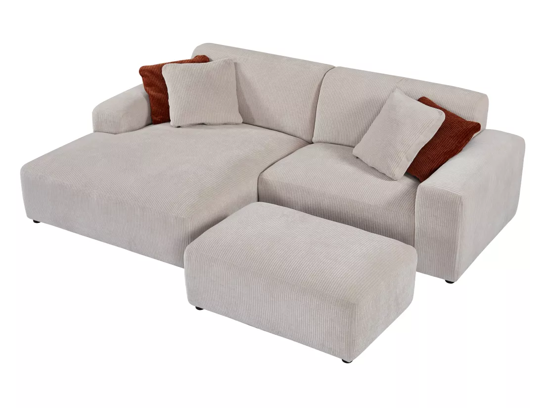 Canapé d'angle gauche et pouf en velours côtelé beige TIRONO de Maison Céphy
