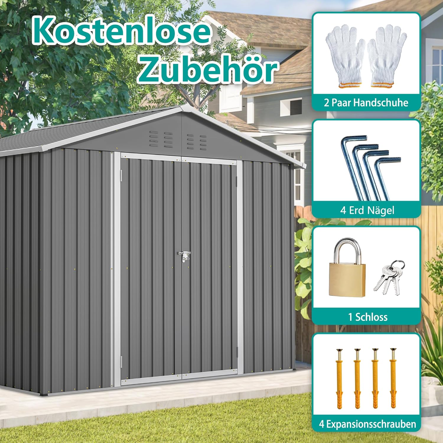 LANTRO JS Gerätehaus Metall 9m³, Geräteschuppen Metall Schuppen mit Klapptür, Gerätehäuser Blech für Werkzeugaufbewahrung, Grau 229.4x180x191cm