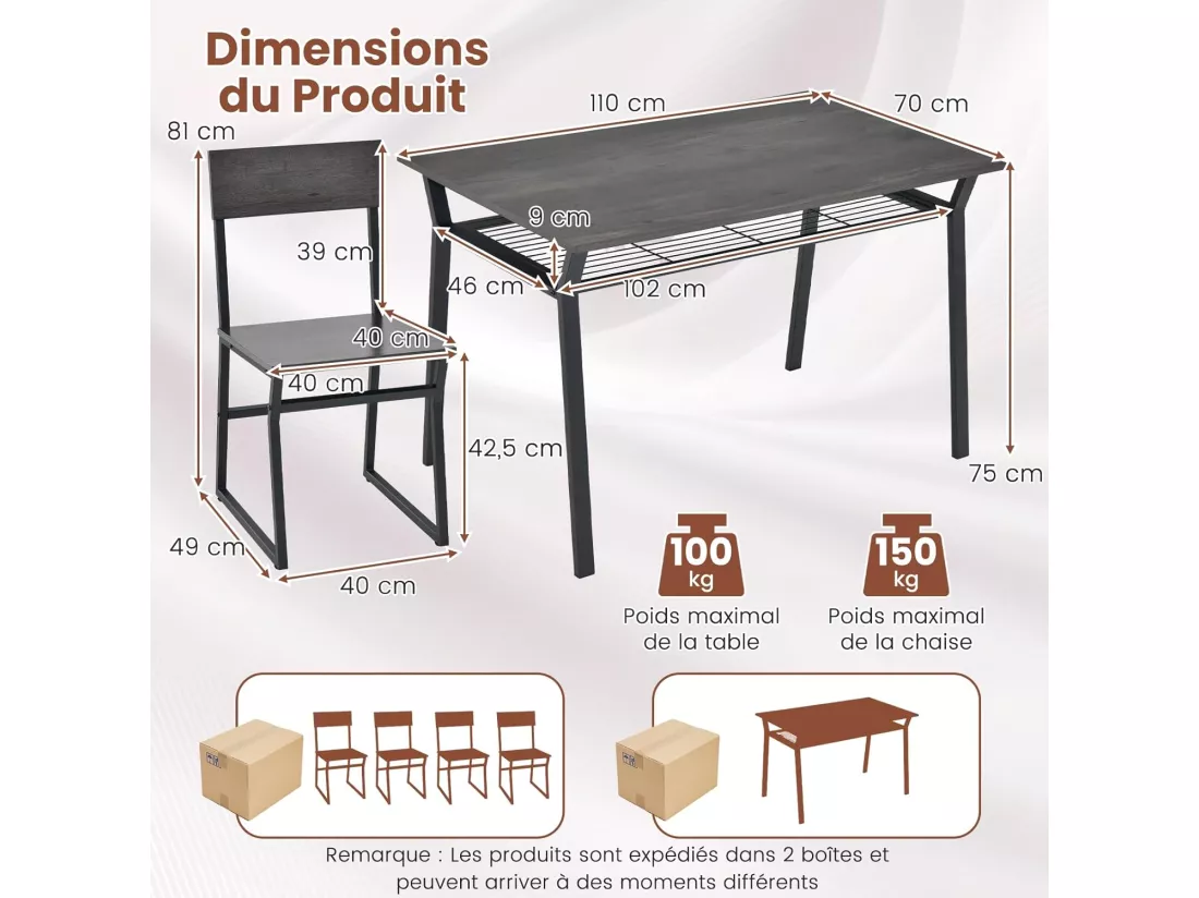 Table à Manger avec 4 Chaises, Cadre en Métal Noir, Table de Cuisine avec Étagère Rectangulaire avec 4 Chaises, 110x70 cm (Gris)