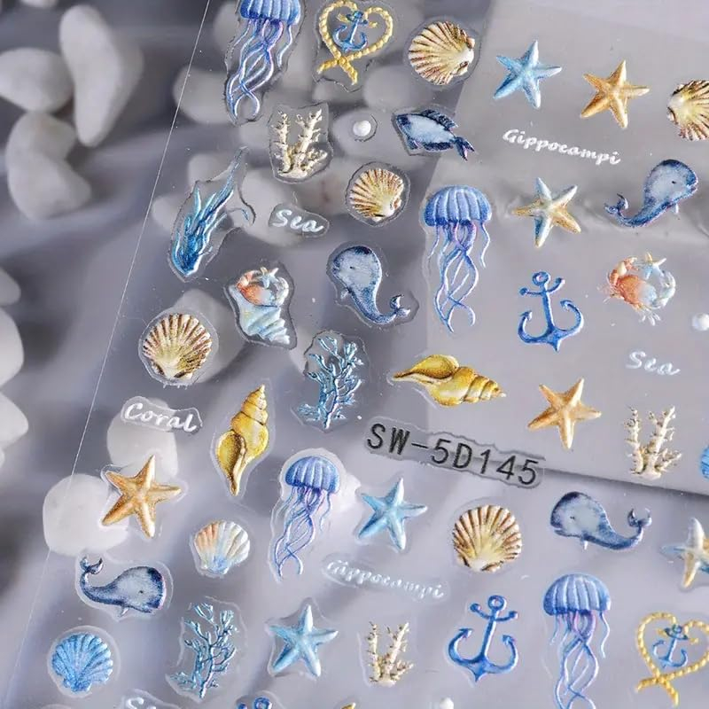 (70-tlg. Set) 5D Nagel Sticker Nail Art Tattoo Selbstklebende Aufkleber Meer - Blau / Beige