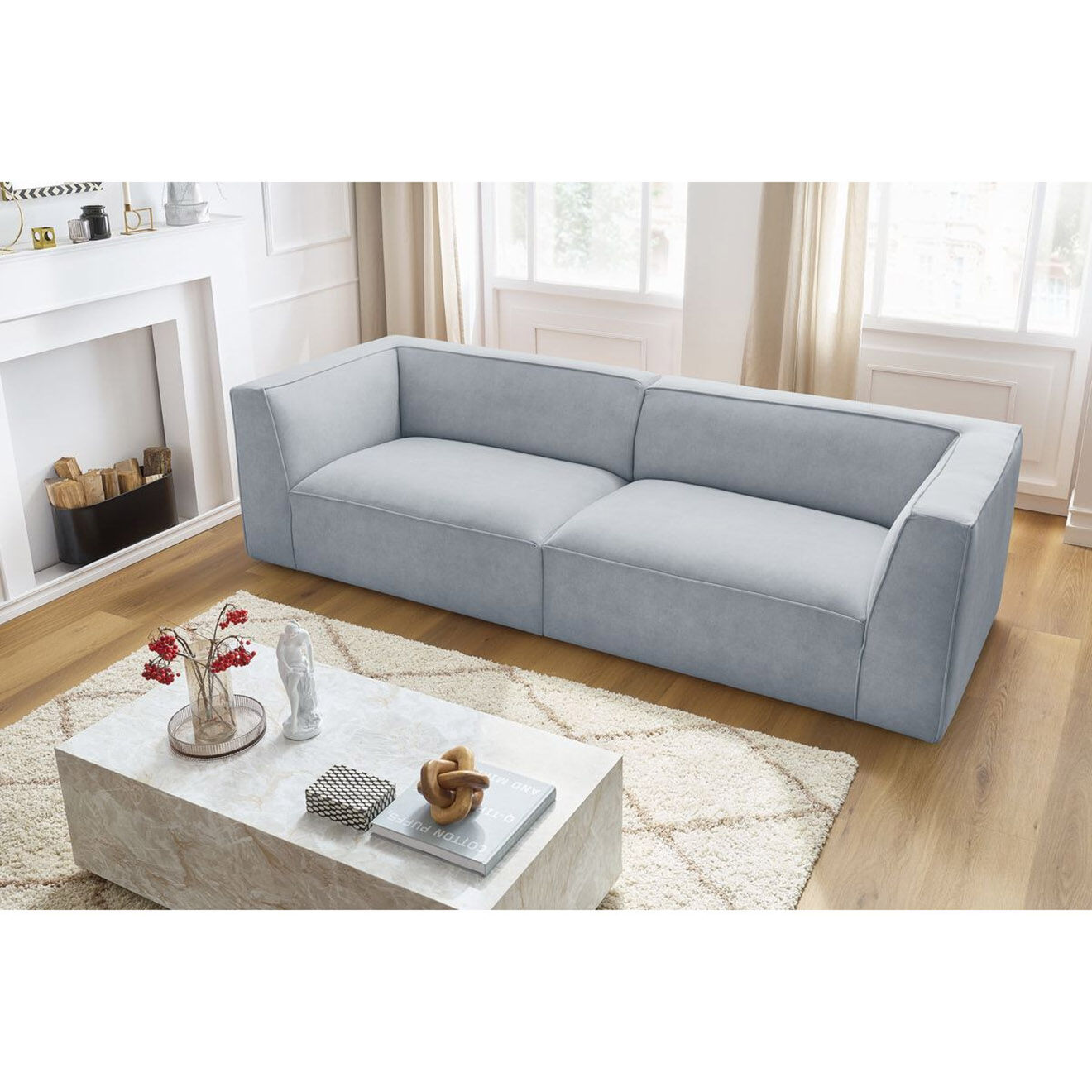 Bobochic Canapé droit fixe 4 places en Velours Molière gris clair - 273x99x71 cm