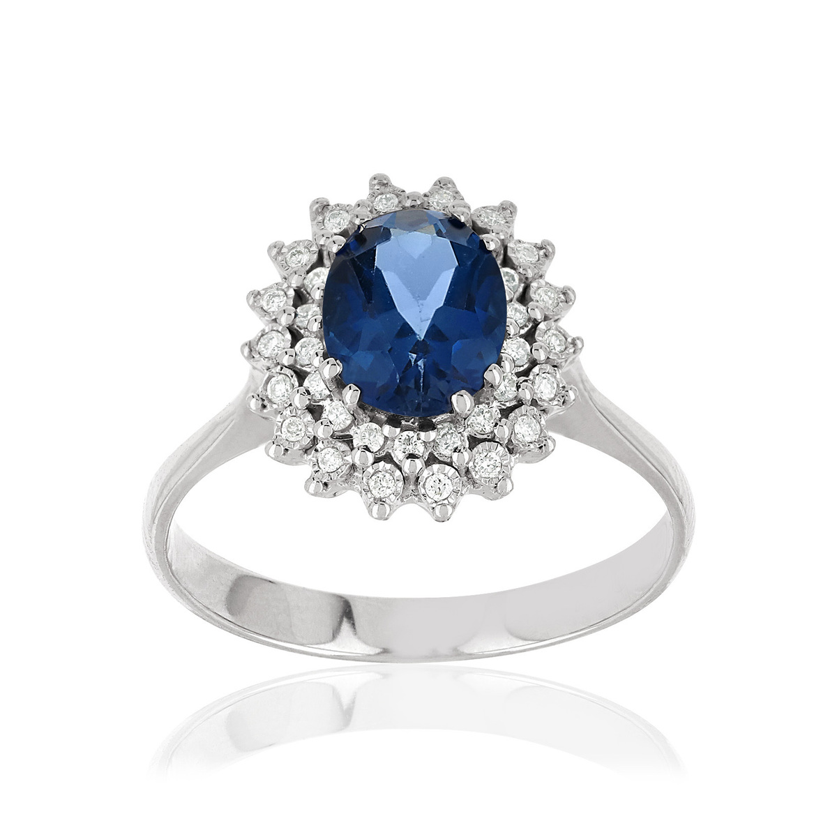 Bague or 750 blanc saphir ovale et diamants