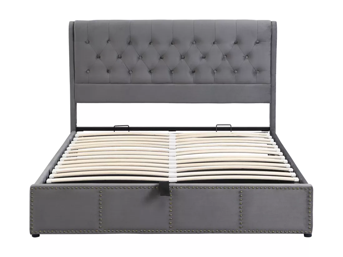 Lit coffre rembourré en velours - décoré de rivets - avec sommier à lattes - 140x190cm - Gris