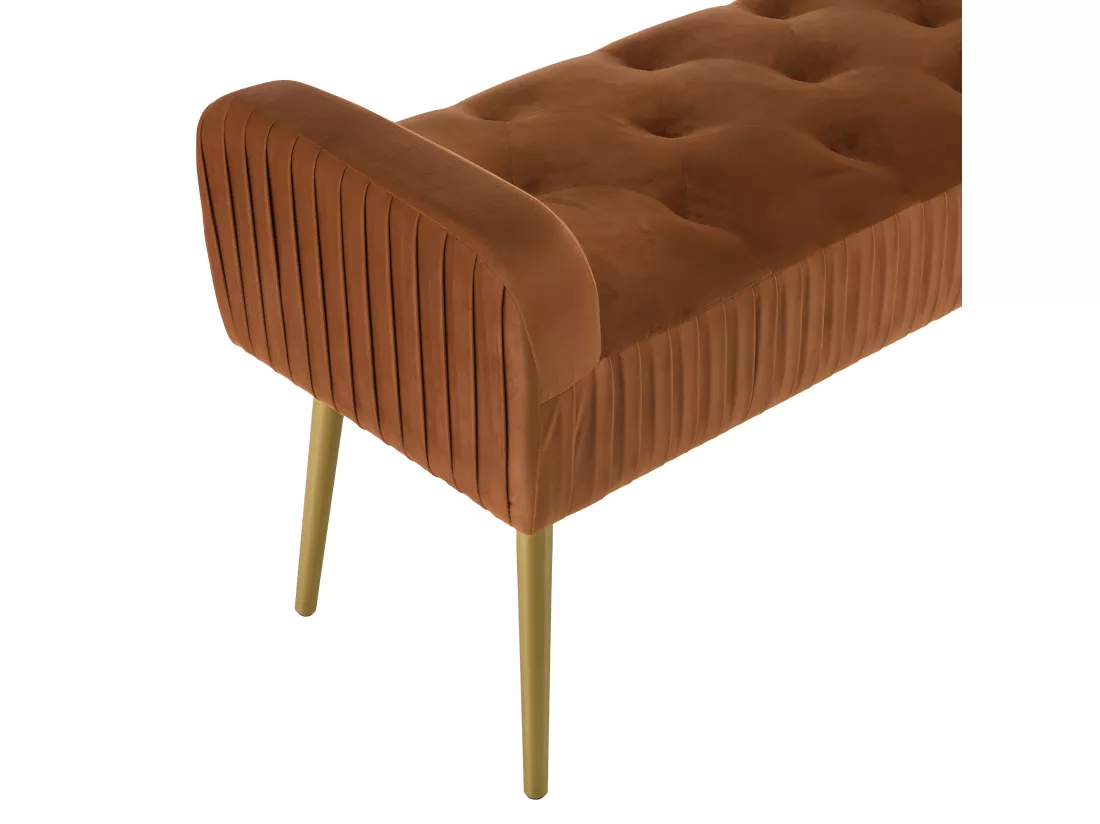 ALBANE - Banc de lit en velours orange pieds métal doré
