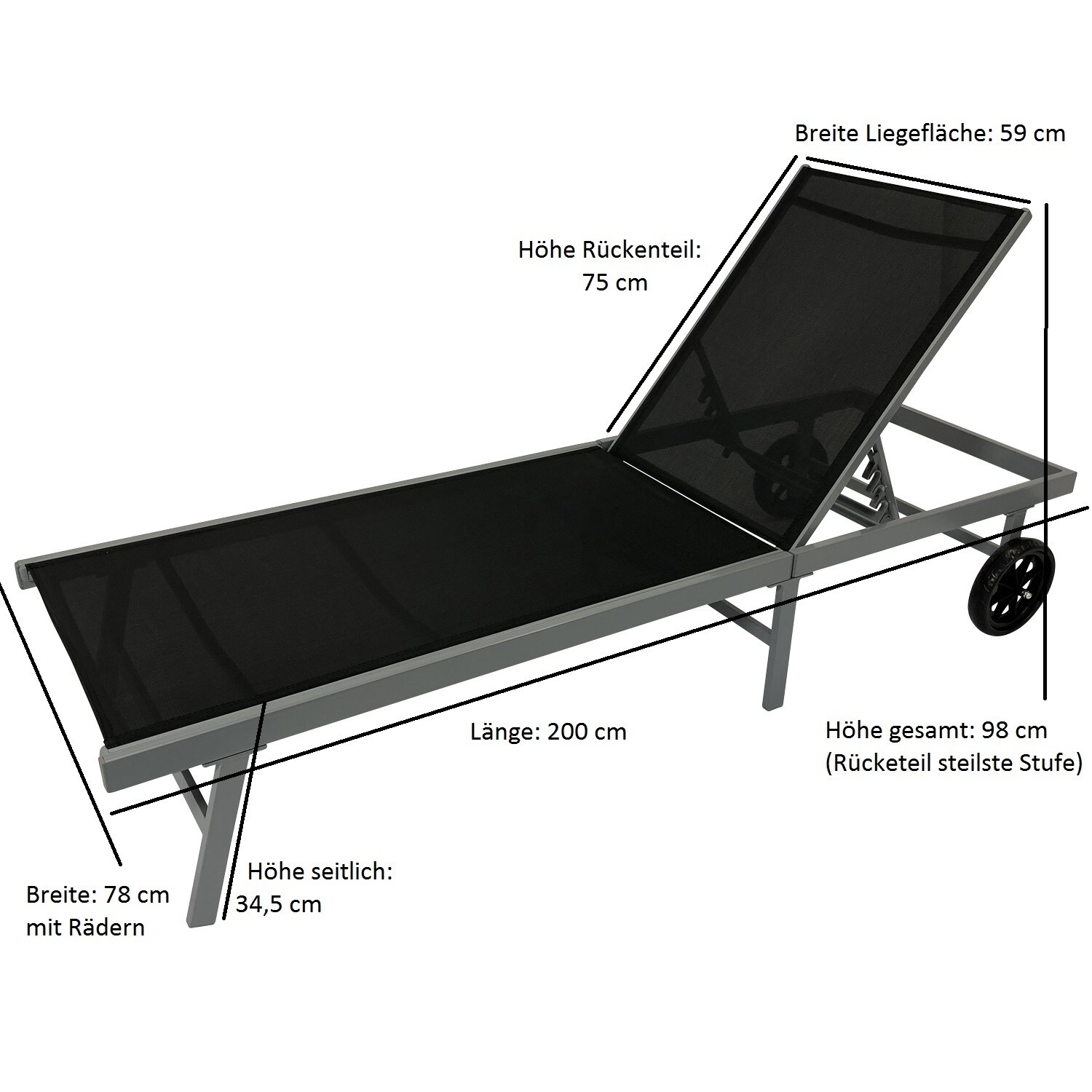 DEGAMO Rollenliege OSTIA, Aluminium silber + Textilgewebe schwarz, 200cm