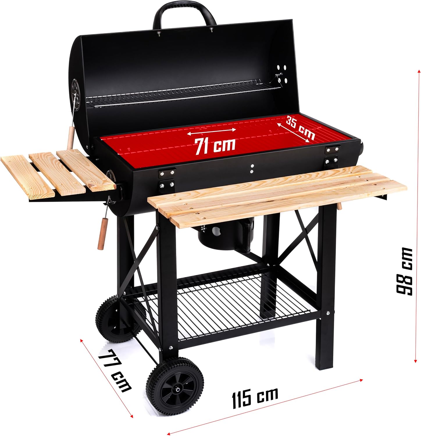 LEHMANN Holzkohlegrill mit Grillrost XL, Grillwagen mit 2 Holzeinlegeböden, Deckel, Rädern und nicht wärmender Griff, Kohlegrill für Garten, Terrasse, Camping