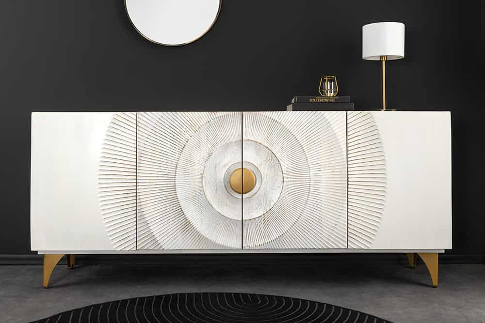 Handgearbeitetes Sideboard GOLDEN SUNSET 180cm weiß gold Mangoholz Metallbeine