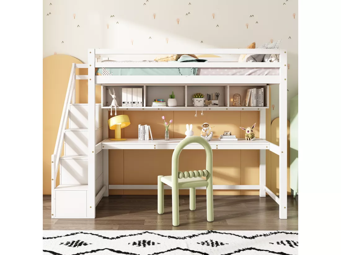 Lit mezzanine 90 x 200 cm avec bureau, tiroirs et étagères de rangement - Bois de pin - Blanc