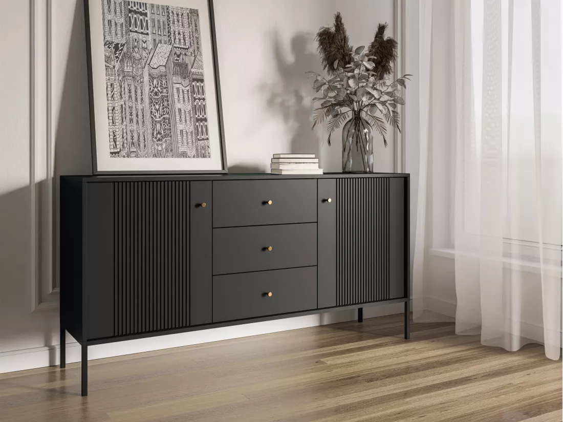 Buffet avec 2 portes et 3 tiroirs en MDF - Noir - DEMASIA