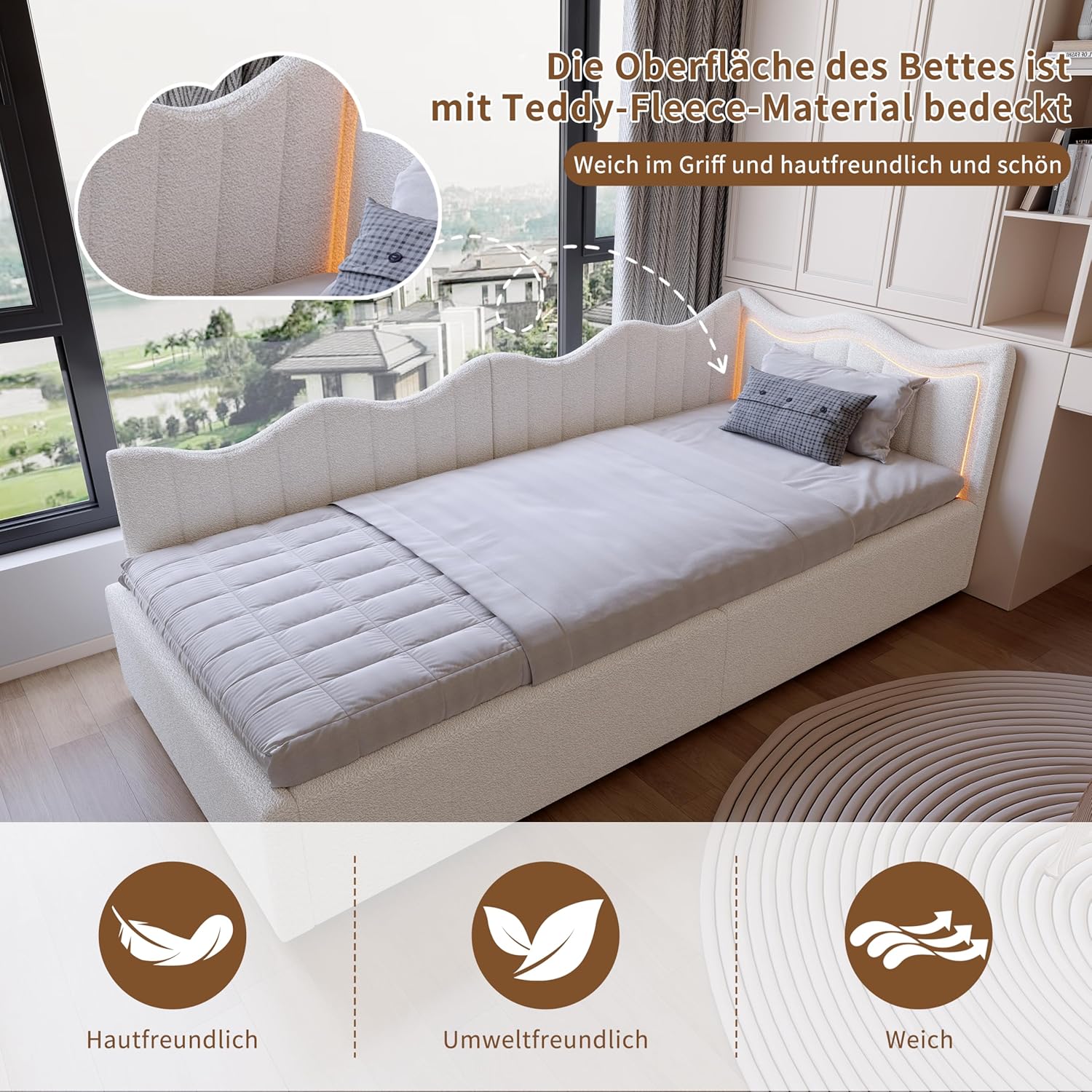 Kinderbett Polsterbett 90x200cm,Bett mit Stauraum Kinderbett Mädchen Einzelbett mit Led Bettgestell mit Lattenrost Jugendbetten mit Kopfteil Stauraumbett,teddysamt,ohne Matratze (Weiß-B, 90x200cm)