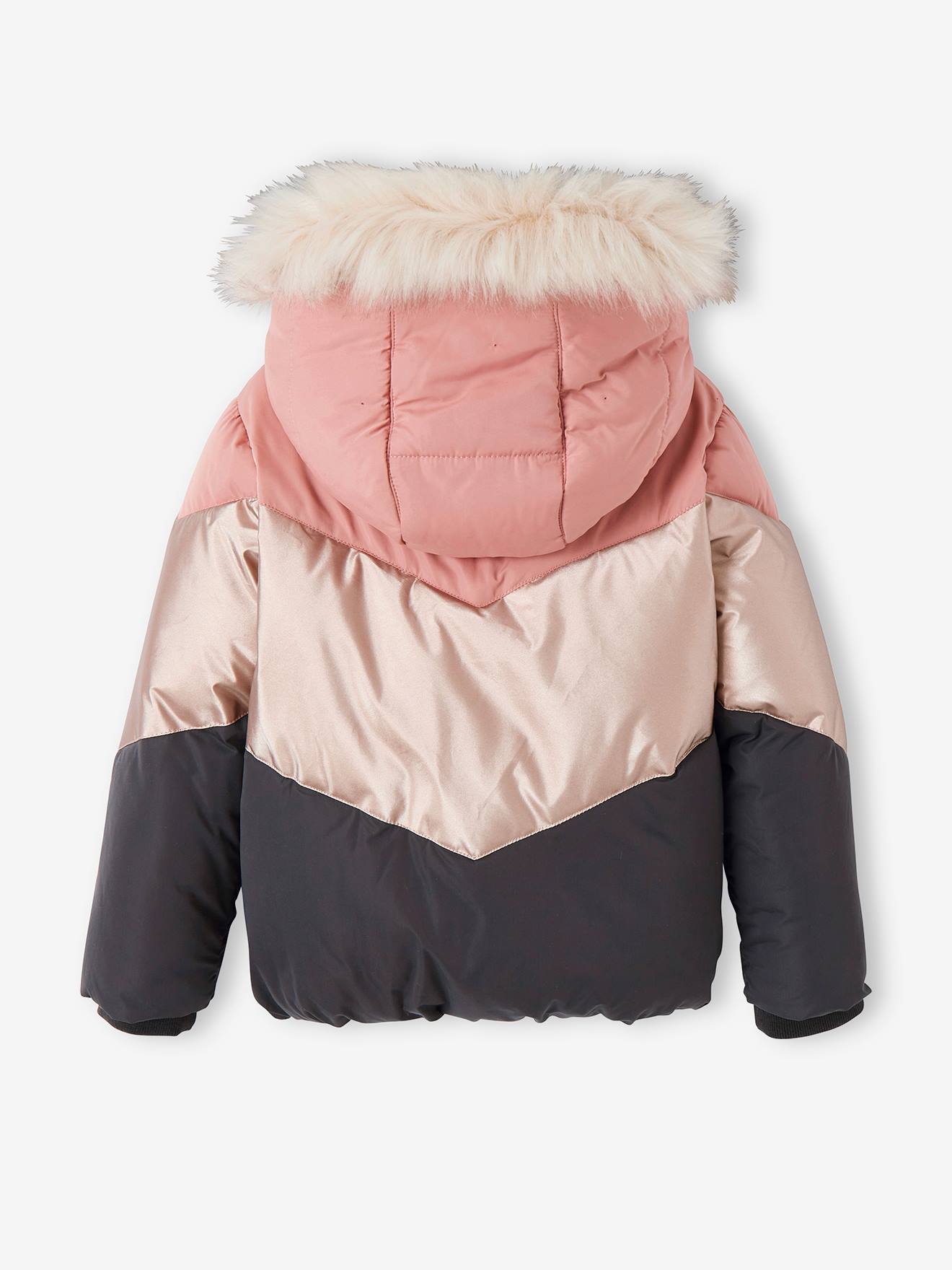 Jaqueta acolchoada colorblock com capuz e forro de lã, para meninas, rosa claro liso com estampas.