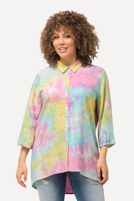 Leinenmix-Bluse, Batik-Druck, Hemdkragen, 3/4-Arm