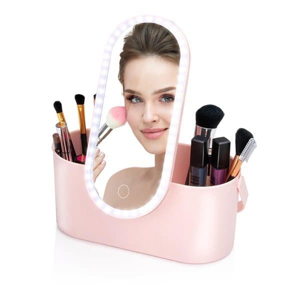 Bærbart make-up spejl med LED og opbevaring