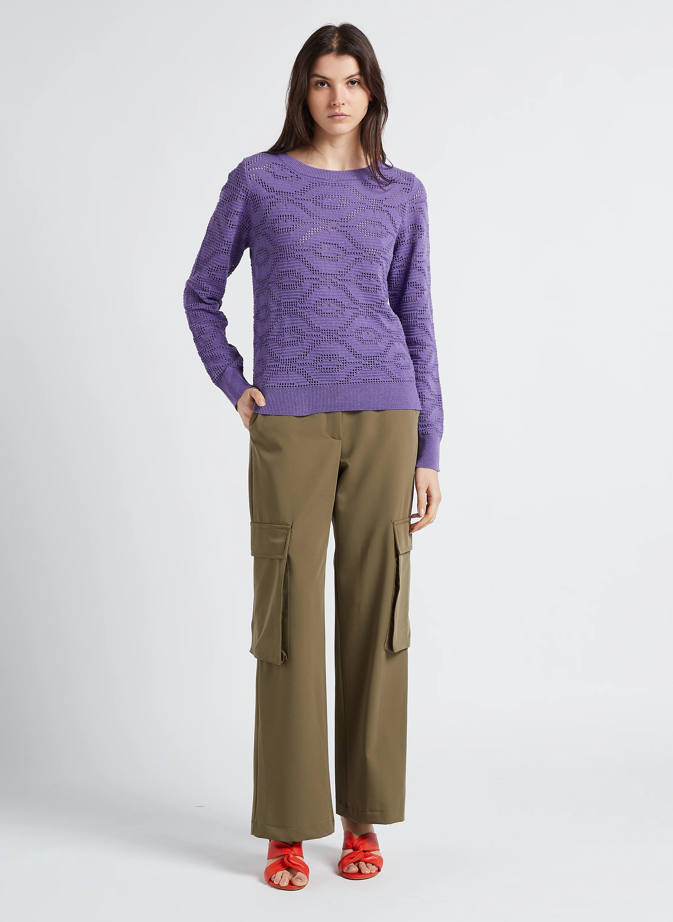 PERPLEXE - Pull col rond ajouré en coton mélangé | Violet