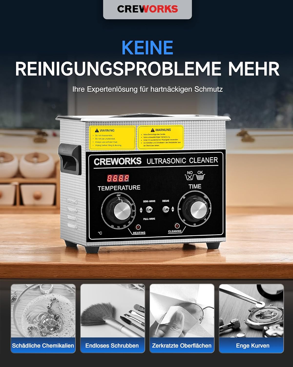 CREWORKS Ultraschallreinigungsgerät Edelstahl 3,2L Ultraschallreiniger mit Heizung Timer Degas- und Sanftmodus für Zahnprothesen Schmuck Brillen Uhren Gläser Ultraschall-Reinigungsgerät mit Knöpfen